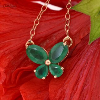 Papillon Wedding Chain Necklace With 1.24 Ct Emerald Prong Set In 14k Rose Gold Necklace