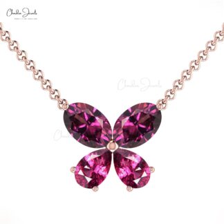 Natural Rhodolite Garnet Butterfly Necklace in 14k Pure Gold 4 Stone Fine Jewelry