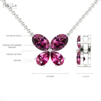Natural Rhodolite Garnet Butterfly Necklace in 14k Pure Gold 4 Stone Fine Jewelry