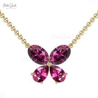 Natural Rhodolite Garnet Butterfly Necklace in 14k Pure Gold 4 Stone Fine Jewelry