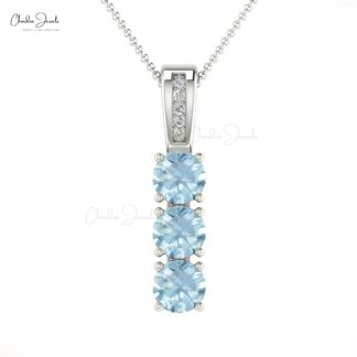Genuine Aquamarine 3 Stone Pendant In 14k Solid Gold G-H Diamond Hallmarked Jewelry