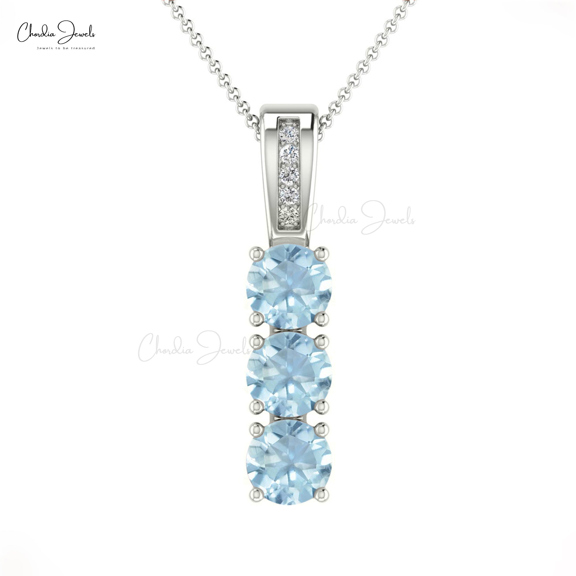 Genuine Aquamarine 3 Stone Pendant In 14k Solid Gold G-H Diamond Hallmarked Jewelry