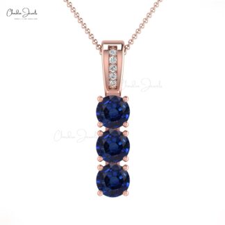 Genuine Blue Sapphire 0.75Ct Trio Gemstone & Diamond Pendant in 14k Solid Gold Jewelry