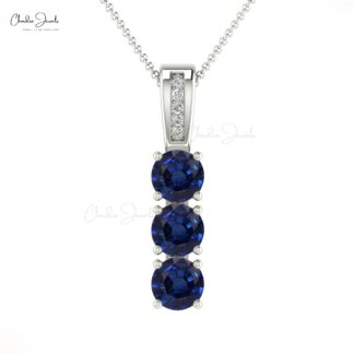 Genuine Blue Sapphire 0.75Ct Trio Gemstone & Diamond Pendant in 14k Solid Gold Jewelry