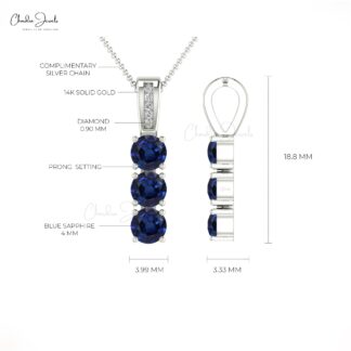 Genuine Blue Sapphire 0.75Ct Trio Gemstone & Diamond Pendant in 14k Solid Gold Jewelry