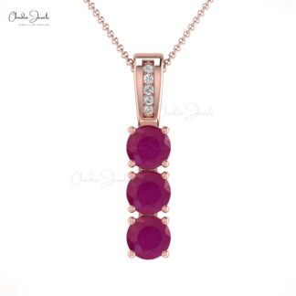 Genuine Round Cut Ruby & Diamond Trilogy Pendant 14k Solid Gold Jewelry For Wedding Gift
