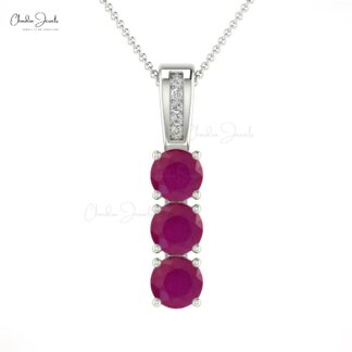 Genuine Round Cut Ruby & Diamond Trilogy Pendant 14k Solid Gold Jewelry For Wedding Gift