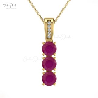 Genuine Round Cut Ruby & Diamond Trilogy Pendant 14k Solid Gold Jewelry For Wedding Gift