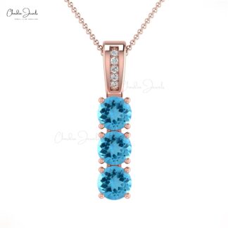Natural Swiss Blue Topaz & Diamond Pendant 14k Solid Gold 0.90Ct Round Gemstone Jewelry
