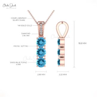 Natural Swiss Blue Topaz & Diamond Pendant 14k Solid Gold 0.90Ct Round Gemstone Jewelry