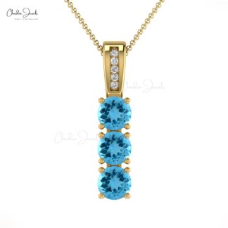 Natural Swiss Blue Topaz & Diamond Pendant 14k Solid Gold 0.90Ct Round Gemstone Jewelry