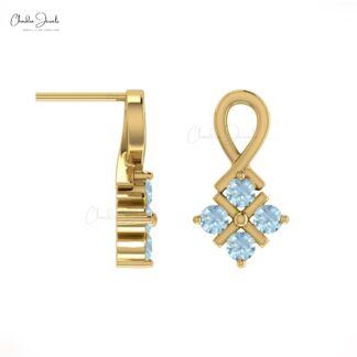 Pure 14k Gold Four Stone Studs In 0.40 Ct Aquamarine Push Back Minimalist Earrings