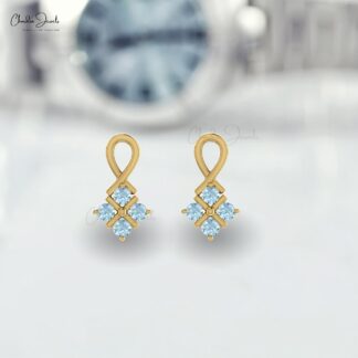 Pure 14k Gold Four Stone Studs In 0.40 Ct Aquamarine Push Back Minimalist Earrings