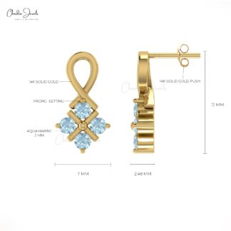 Pure 14k Gold Four Stone Studs In 0.40 Ct Aquamarine Push Back Minimalist Earrings