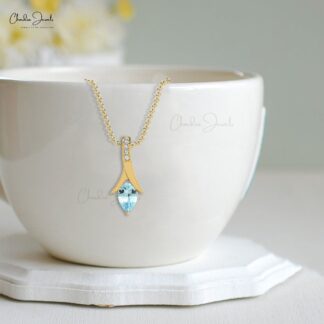 Pear Drop Diamond Pendant In Solid 14k Gold Aquamarine 0.35 Ct Gemstone Necklace