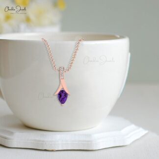 Pear Gemstone Pendant With 6x4mm Amethyst Diamond Accents In 14k Real Gold Pendants