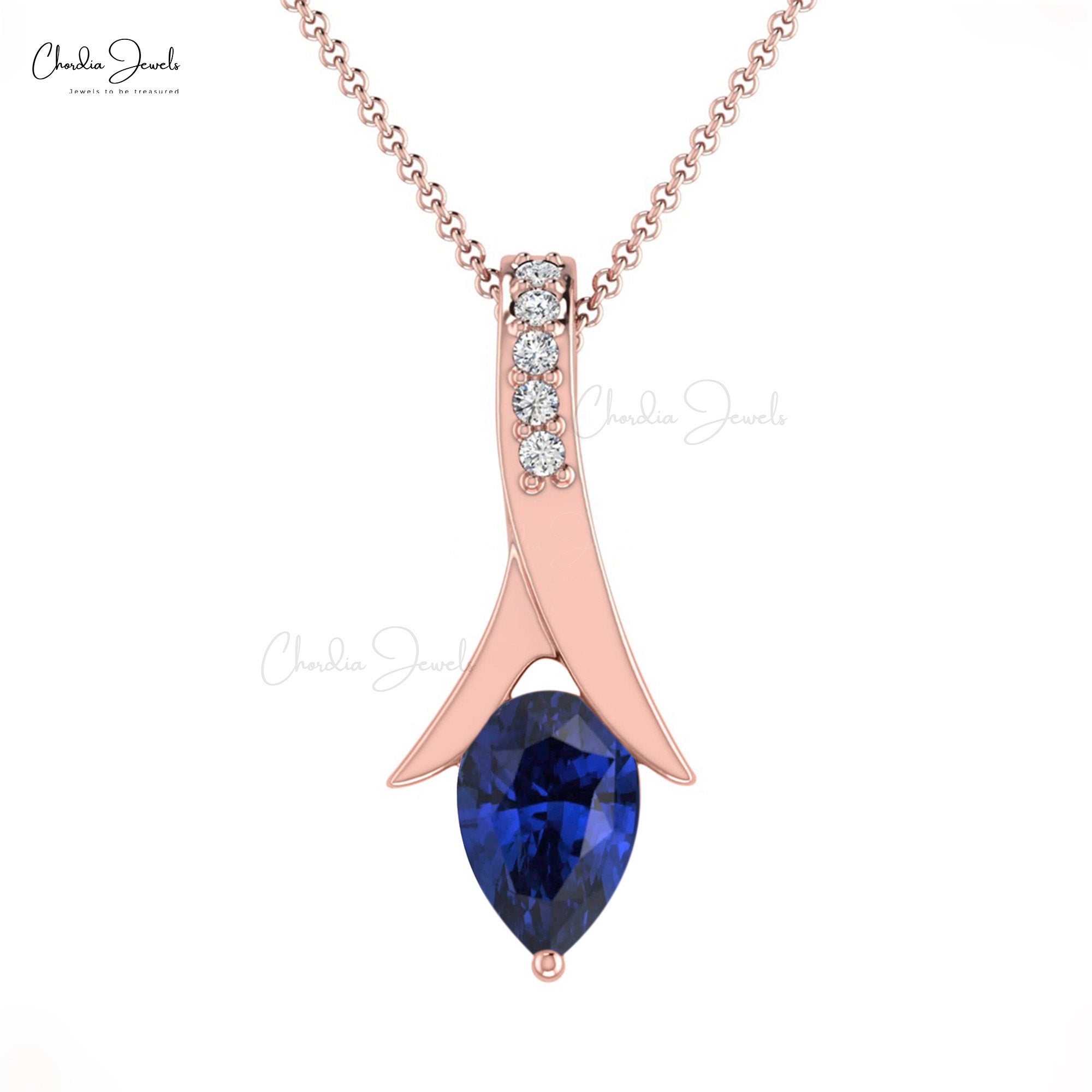 Pear Drop Pendant in 14k Solid Gold Blue Sapphire And Pave Diamond Necklace For Mom