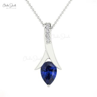 Pear Drop Pendant in 14k Solid Gold Blue Sapphire And Pave Diamond Necklace For Mom