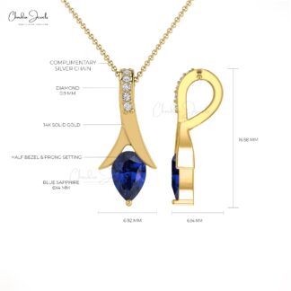 Pear Drop Pendant in 14k Solid Gold Blue Sapphire And Pave Diamond Necklace For Mom