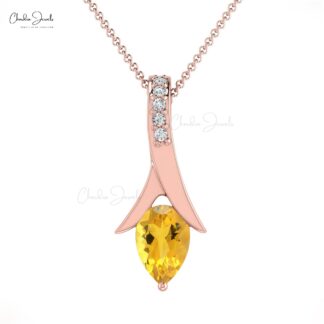 Genuine Citrine Pear Drop Pendant In 14k Solid Gold Diamond Handmade Fine Jewelry