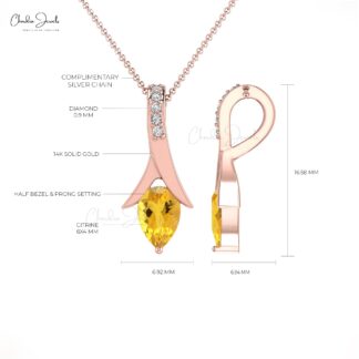 Genuine Citrine Pear Drop Pendant In 14k Solid Gold Diamond Handmade Fine Jewelry