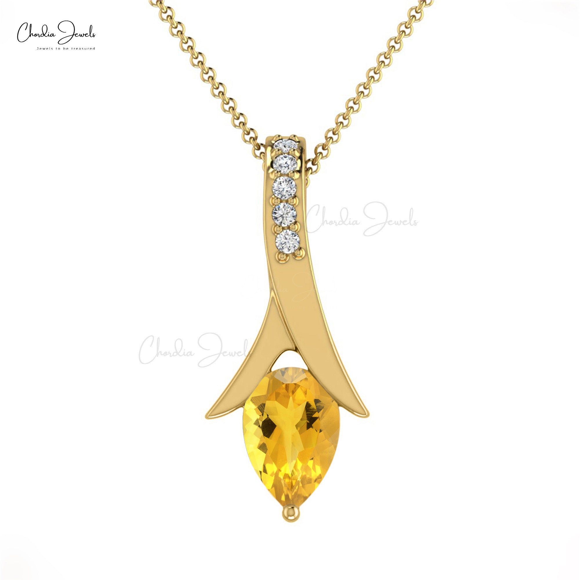 Genuine Citrine Pear Drop Pendant In 14k Solid Gold Diamond Handmade Fine Jewelry