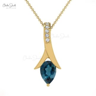 Pure 14k Gold Diamond Pendant With 6x4mm London Blue Topaz Drop Wedding Necklace