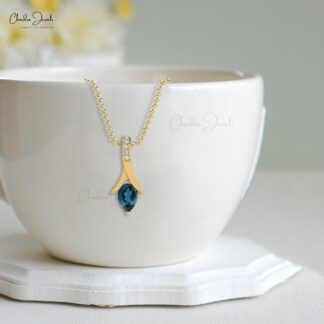 Pure 14k Gold Diamond Pendant With 6x4mm London Blue Topaz Drop Wedding Necklace