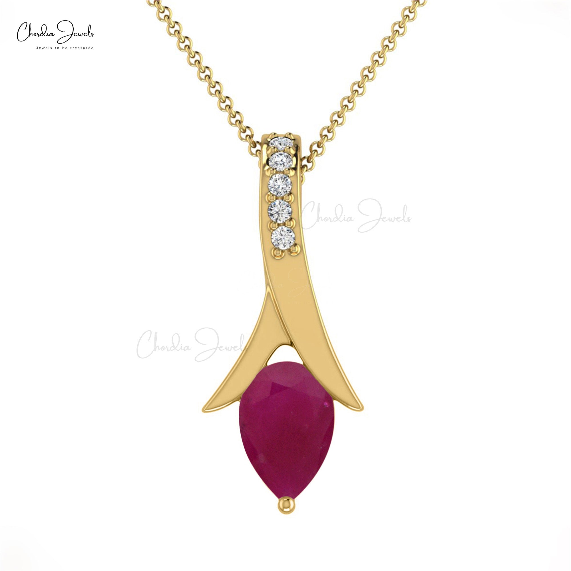 Natural Pear Cut Diamond Ruby Pendant in14k Solid Gold For Women’s