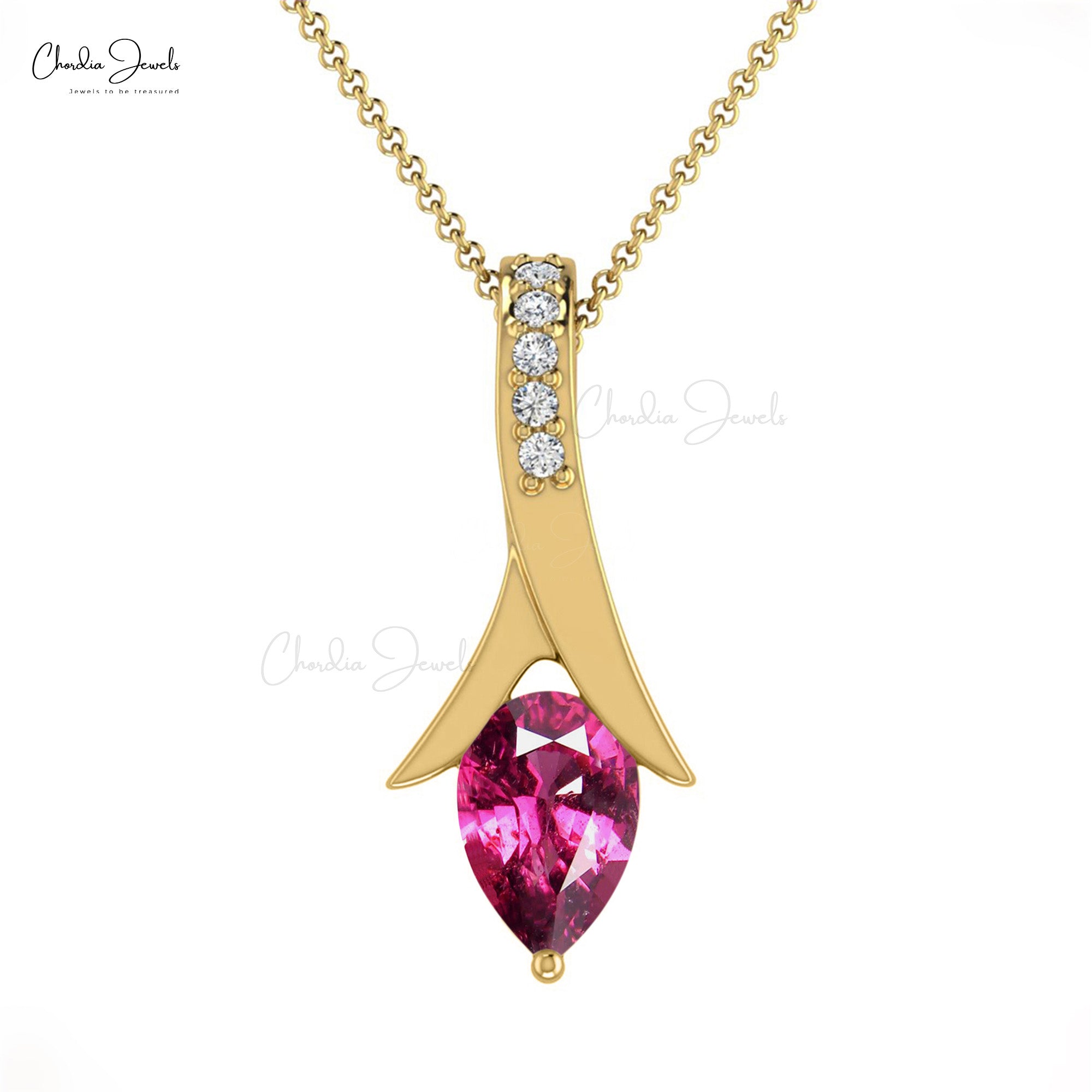 Pure 14k Gold 6 Stone Pendant With 6x4mm Rhodolite Garnet Diamond Tear Drop Necklace
