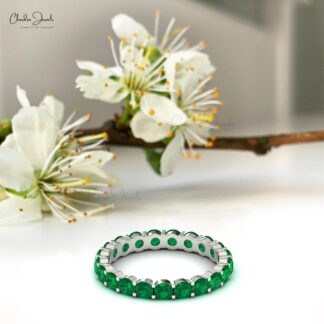 Full Eternity Engagement Band 1.26Ct Emerald Stacking Ring In 14k Solid Gold