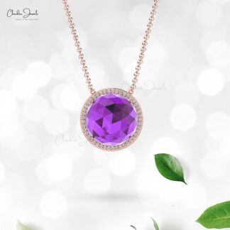 Halo Diamond Chain Necklace In 14k Solid Gold Amethyst February Birthstone Jewelry