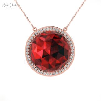 Gemstone Wedding Necklace With 15mm Red Garnet And Diamond Halo 14k Gold Chain Necklace