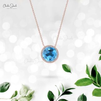 Halo Round Cut Chain Necklace In Solid 14k Gold Swiss Blue Topaz Statement Necklace
