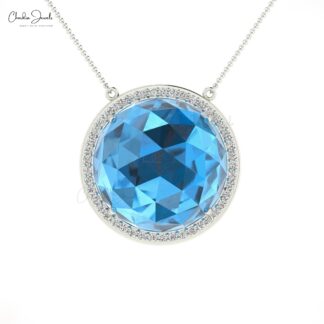 Halo Round Cut Chain Necklace In Solid 14k Gold Swiss Blue Topaz Statement Necklace