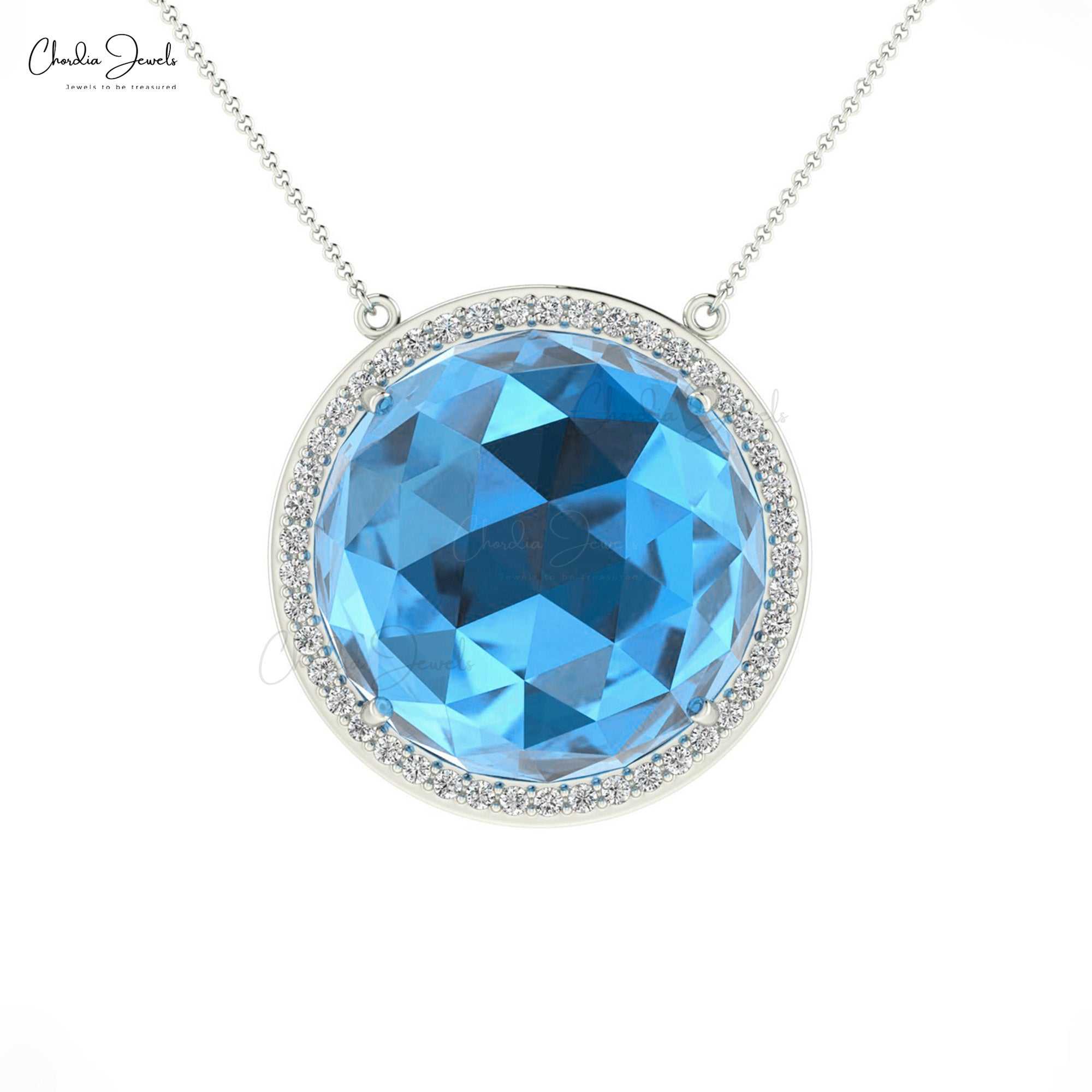 Halo Round Cut Chain Necklace In Solid 14k Gold Swiss Blue Topaz Statement Necklace