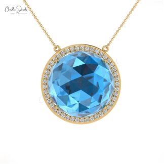 Halo Round Cut Chain Necklace In Solid 14k Gold Swiss Blue Topaz Statement Necklace