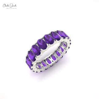 Natural 5x3mm Amethyst Gemstone Eternity Band 14k Solid Gold Minimalist Wedding Ring