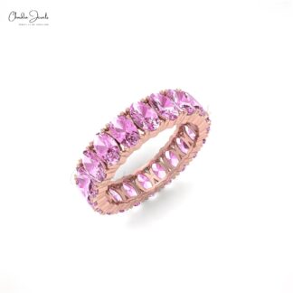 Oval Eternity Wedding Band In Solid 14k Gold Pink Sapphire 5x3mm Gemstone Ring For Her