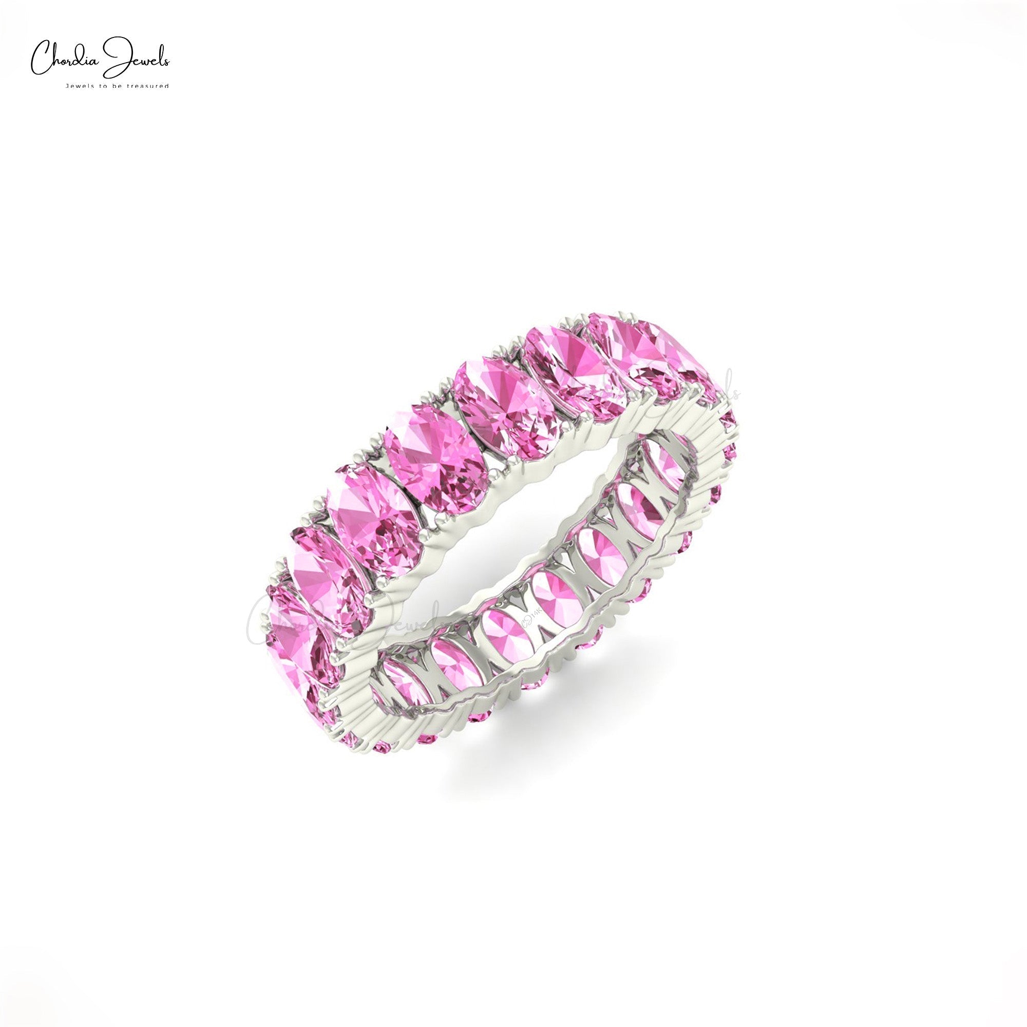 Oval Eternity Wedding Band In Solid 14k Gold Pink Sapphire 5x3mm Gemstone Ring For Her