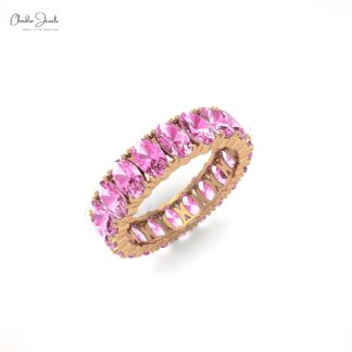Oval Eternity Wedding Band In Solid 14k Gold Pink Sapphire 5x3mm Gemstone Ring For Her