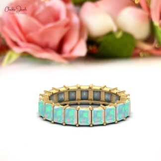 Pure 14k Gold Eternity Ring With 4x3mm Fire Opal Stackable Engagement Band Rings