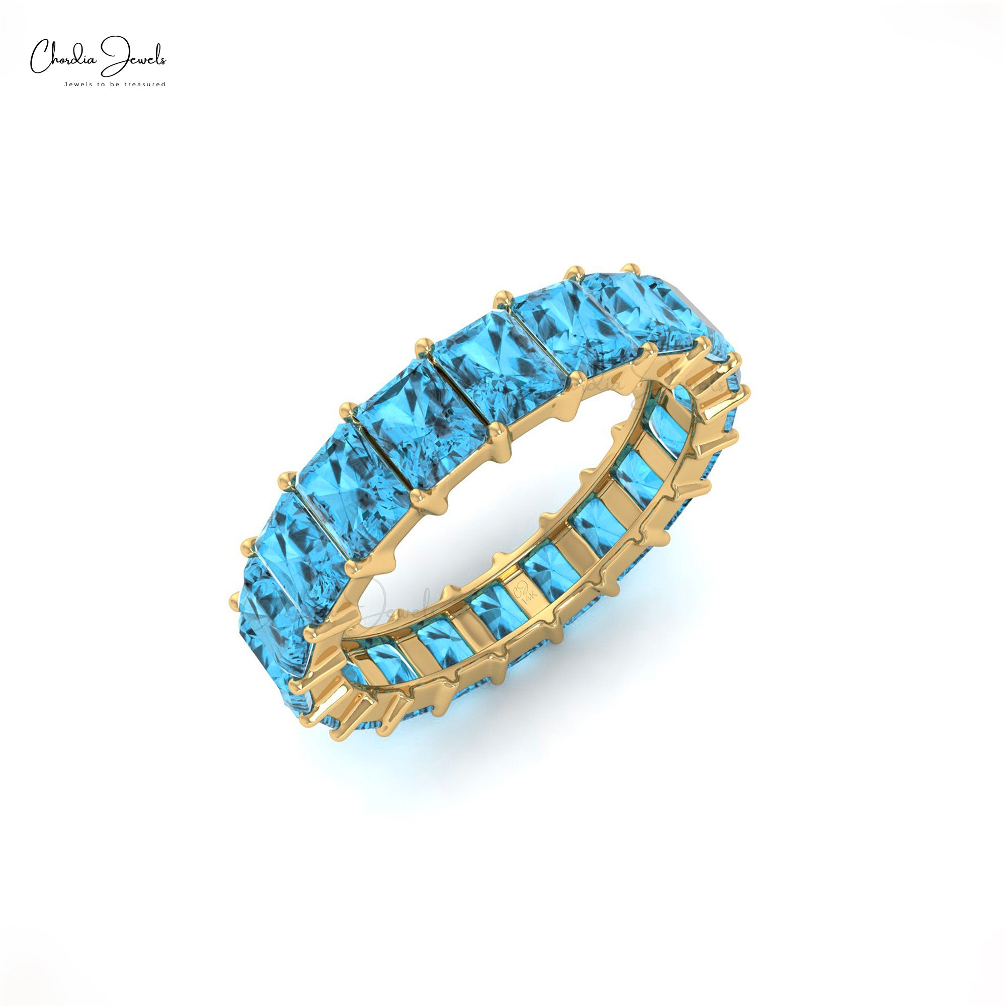 Octagon Cut Eternity Ring With 4x3mm Swiss Blue Topaz Wedding Band In 14k Real Gold