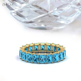 Octagon Cut Eternity Ring With 4x3mm Swiss Blue Topaz Wedding Band In 14k Real Gold