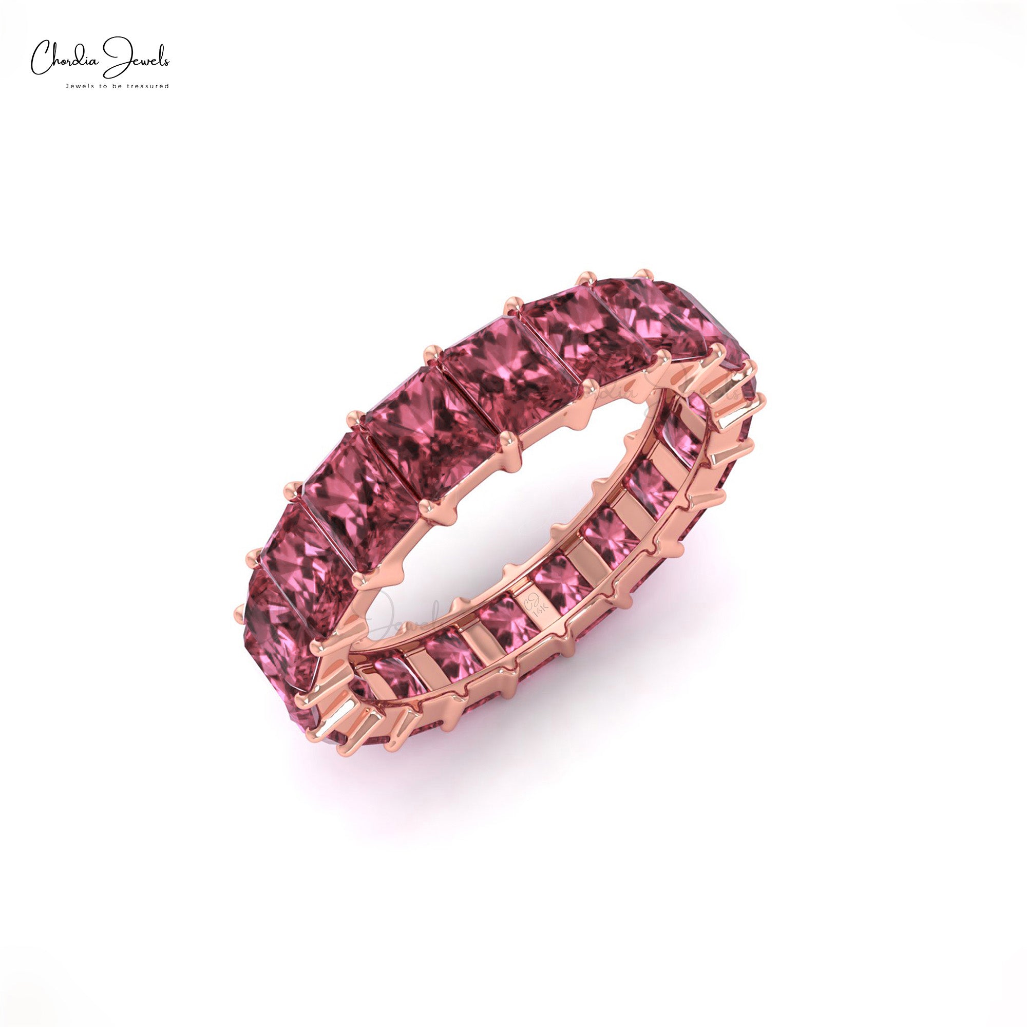 Octagon Gemstone Band In Real 14k Gold Pink Tourmaline Eternity Stack Ring For Her