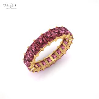 Octagon Gemstone Band In Real 14k Gold Pink Tourmaline Eternity Stack Ring For Her