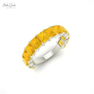 Half Eternity Women Band In 14k Real Gold Yellow Citrine 3.08 Ct Gemstone Ring