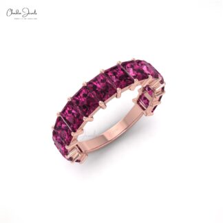 Pure 14k Gold Eternity Wedding Band With 4x3mm Rhodolite Garnet Halfway Women Ring