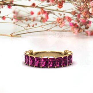 Pure 14k Gold Eternity Wedding Band With 4x3mm Rhodolite Garnet Halfway Women Ring