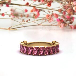 Octagon Stacking Ring With 4x3mm Pink Tourmaline Half Eternity Bands In 14k Real Gold